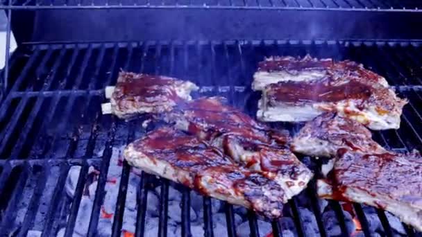 Bbq Ribs Being Turned Grill Close Pan — Vídeos de Stock