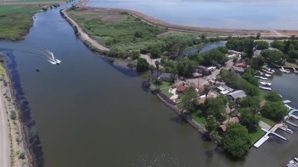 Aerial Drone Video Riverside Neighborhood Boats Canals — Vídeos de Stock