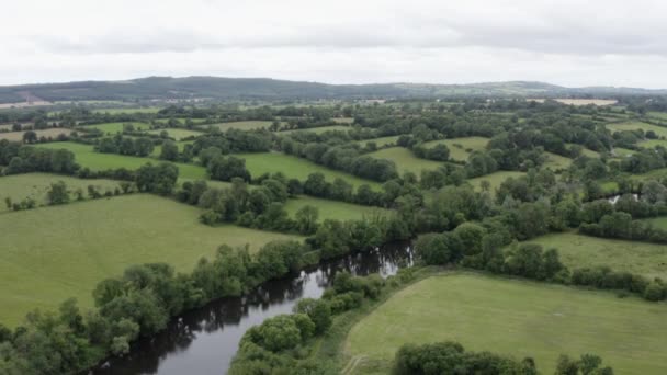 Aerial Rises Small River Running Lush Green Pasture Land — Stok video