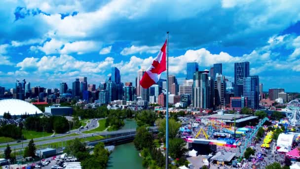 Calgary Stampede Arial Drone Hold Horizon City Skyline Sunny Summer — 图库视频影像