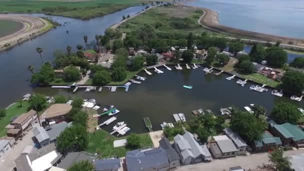 Aerial Drone Video Riverside Neighborhood Boats Canals — Stockvideo