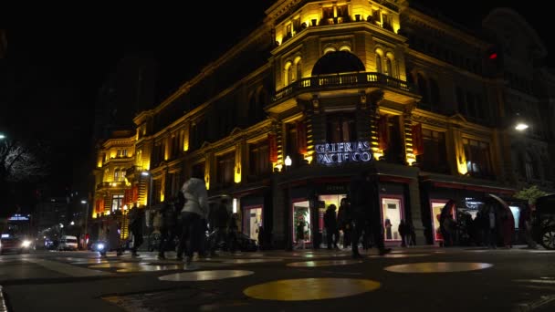 Красивая Улица Центре Города Огни Buenos Aires Аргентина Ночь — стоковое видео