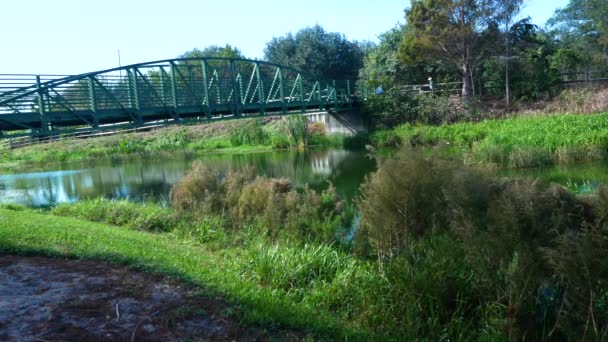 Una Vista Puente Sobre Río Con Gente Caminando Sobre Puente — Vídeos de Stock