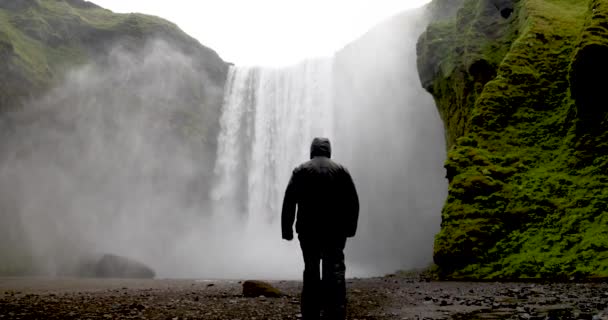 Водоспади Скогафоса Ісландії Людиною Дощовій Куртці Яка Йде Напрямку Падіння — стокове відео