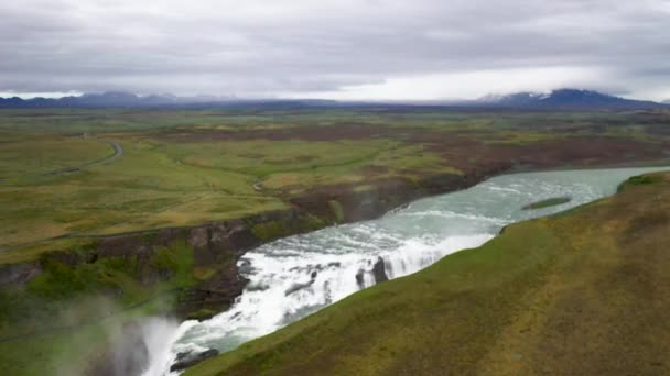 Gullfoss Waterfalls Iceland Drone Video Low Moving — Stockvideo