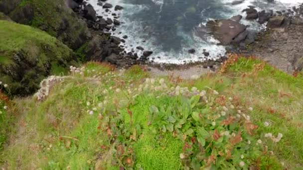 Slow Tilting Shot Revealing Rocky Bay Waves Crashing Rocks Tall — Stock Video