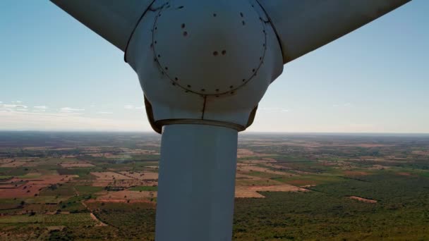 Close Aerial Rising Shot Stopped Wind Turbine Sunshine Light Streaks — Stockvideo