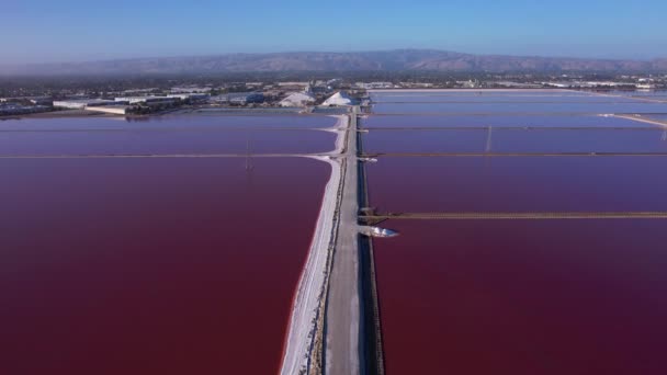 Flying Straight Pathway Maroon Colored Salt Ponds East Bay Area — 图库视频影像