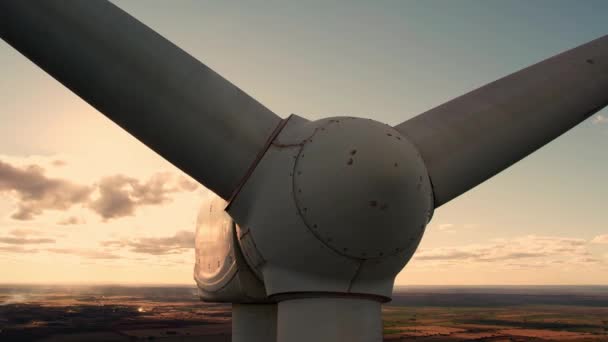 Aerial Circling Wind Turbine Motionless Beautiful Orange Sunset Close Showing — Video