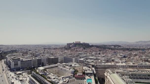Aerial Shot Athens Greece City Center View Acropolis Background Midday — ストック動画