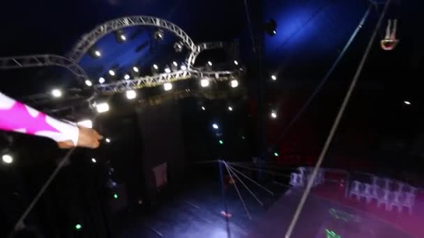 Trapeze Artists Exercising Preparation Circus Show Big Tent Side Static — Stock Video