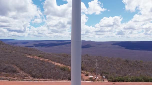 Aerial Rising Wind Turbine Rotating Sunny Day Countryside Close — Stock Video