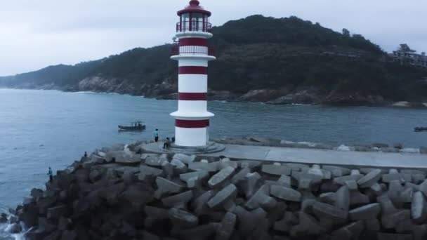 Flying Lighthouse Revealing Beach Gloomy Day — Video