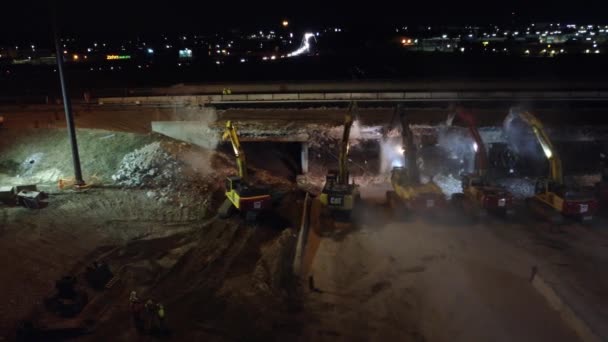 Aerial Excavators Jackhammer Demolishing Bridge Night — Stockvideo
