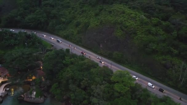 Heavy Traffic Way Beach Sunset Brazil Aerial Pan Right High — Video Stock