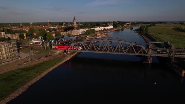 Aerial Sideways Pan Showing Steel Draw Bridge Train Passing River — 图库视频影像