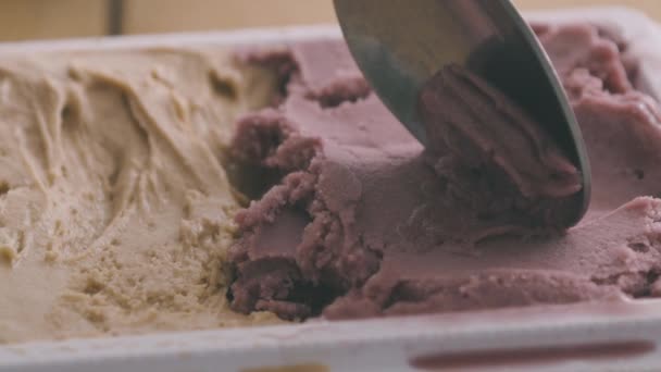 Spoon Takes Scoop Italian Artisan Ice Cream Hazelnut Pistachio Strawberry — Stock Video