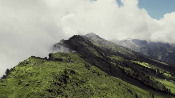 Aerial Drone Shot Flying Grass Covered Mountains Small Trail Leading — Αρχείο Βίντεο