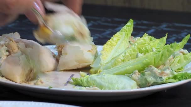 Closeup Chef Hand Preparing Sea Products Vegetable Dish Xantar Fair — Vídeo de stock