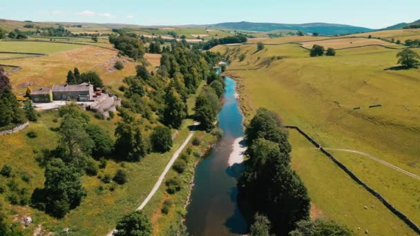 Ariel Drone Footage Peaceful River Surrounded Farmland Yorkshire Dales National — ストック動画