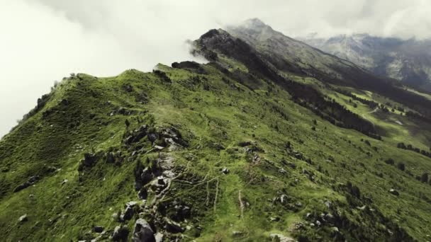 Aerial Drone Shot Grass Covered Mountain Top Small Trail Leading — Stockvideo