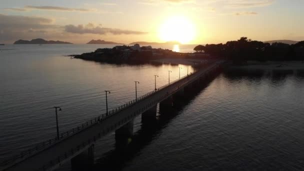 Dramatic Aerial Sunset Puente Toralla Isla Toralla Bridge Toralla Island — Video