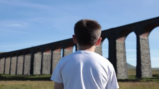 Αγόρι Που Κοιτάει Πάνω Από Μια Μεγάλη Τοξωτή Σιδηροδρομική Γέφυρα — Αρχείο Βίντεο