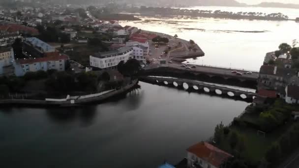 Stunning Aerial Sunset Looking Magical Spanish Cities Baiona Ramallosa Galicia — Vídeos de Stock