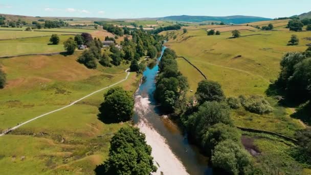 Ariel Drone View Peaceful River Surrounded Farmland Yorkshire Dales National — Stock Video