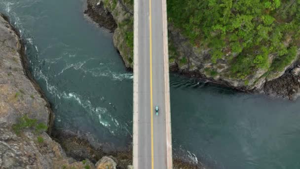 Top Drone View Motorcycle Passing Bridge — Vídeos de Stock