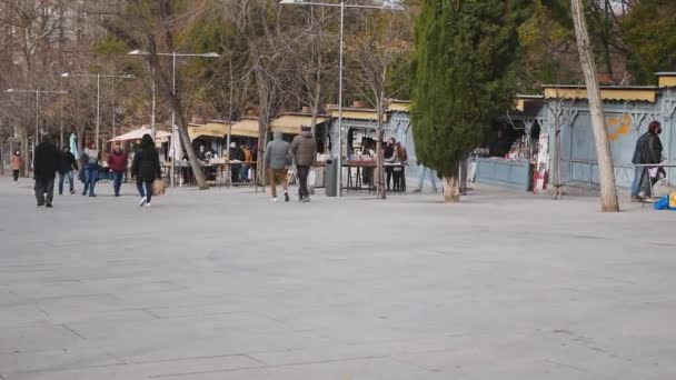 Cuesta Moyano Iconic Pedestrian Street Madrid Which Holds Permanent Book — Stok video