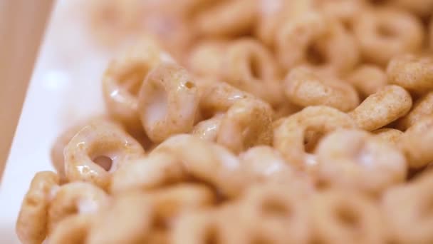 Slow Motion Pouring Milk Bowl Breakfast Cereal Bubbling Mixes — Stok video