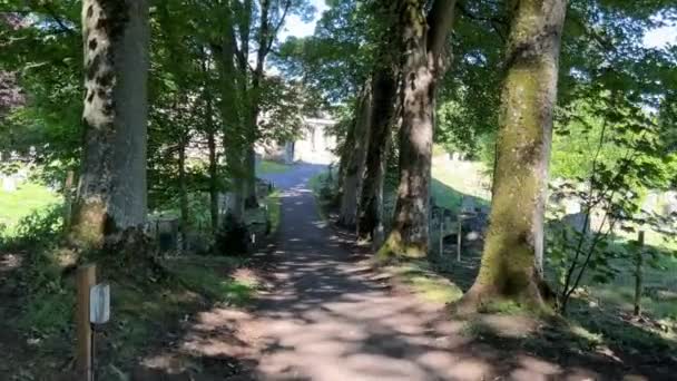 Tree Lined Pathway Leading Andrew Medieval Church Aysgarth Yorkshire Dales — Vídeo de Stock