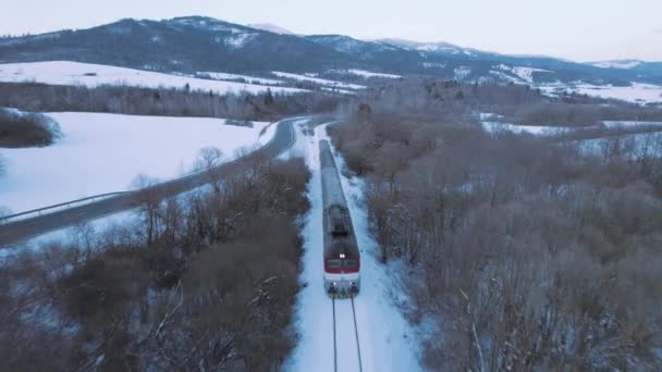 Aerial Drone View Fast Moving Train Vast Snowy White Landscape — ストック動画