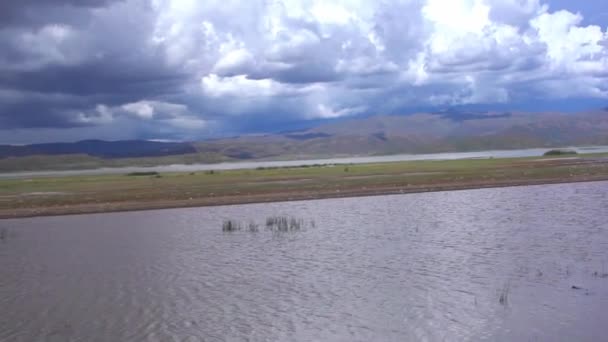 Fluffy White Clouds Mountain Range River Daytime Aerial — Video