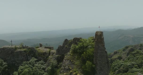 Birdseye Shot Bright Foggy Landscape Ruins Azeula Fortress — Video