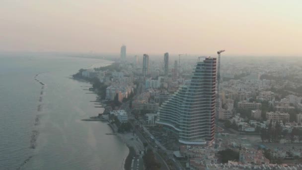 Beautiful Drone Shot Cityscape Coastline Limassol Cyprus Sunset Many Skyscrapers — Vídeos de Stock