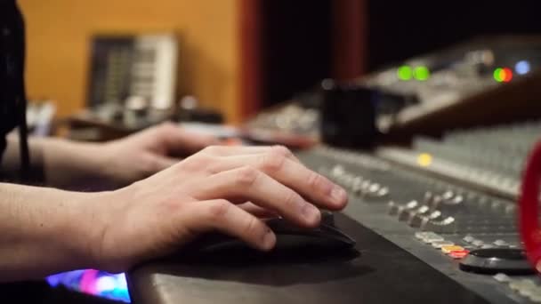 Man Working Music Recording Studio Console Close — 图库视频影像