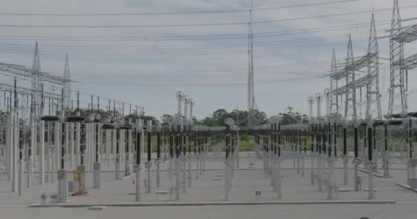 Aerial Dolly Left Voltage Power Lines Substation — 图库视频影像