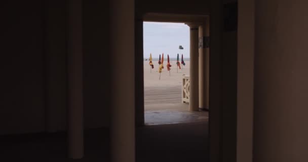 Folded Beach Unbrellas Deauville Beach View Changing Room — Stock Video