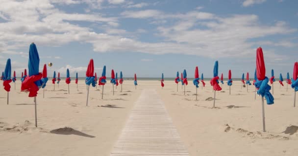 Boardwalk Colorful Parasols Deauville Beach Normandy Northern France Static Shot — Stok video