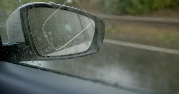 Driving Rainy Day Looking Mirror Interior Car View — Αρχείο Βίντεο