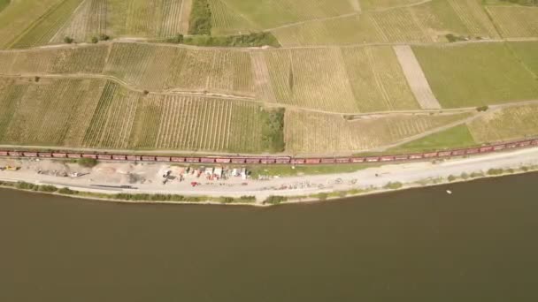 Aerial Footage Banks Rhine River Passing Very Long Freight Train — Vídeo de Stock