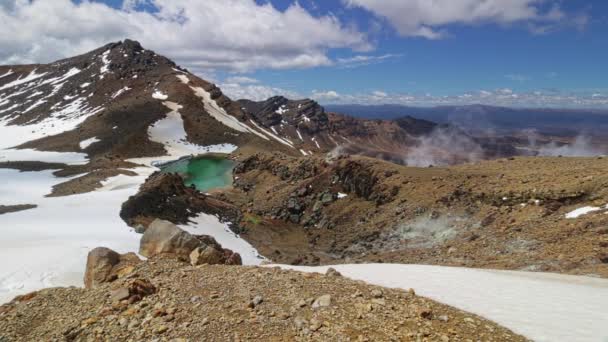 Establishing Shot Tongariro National Park Landscape Snowy Mountain Steam Geothermal — Stock video