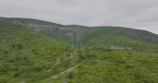 Aerial Passing High Voltage Wires Overhead Powerlines Countryside — Stok video