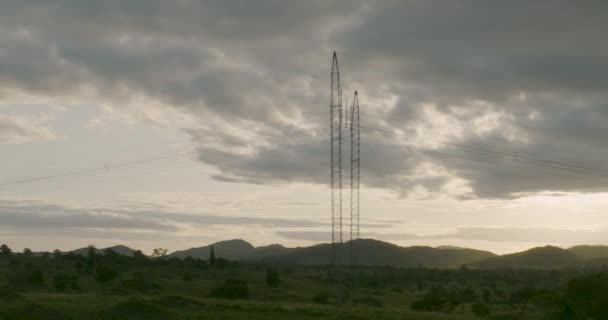 Slow Aerial Circling Overhead Powerline Cloudy Sky — Stock videók