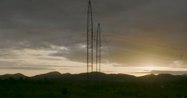 Aerial Circling Overhead Powerline Stunning Sunset — Vídeo de Stock
