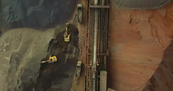 Yellow Excavators Filling Dump Trucks Coal Paradip Port Coal Storage — Wideo stockowe