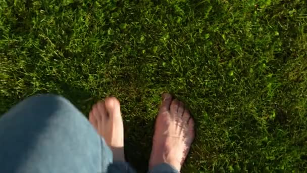 Barefoot Caucasian Man Jeans Walking Soft Grass Garden — ストック動画