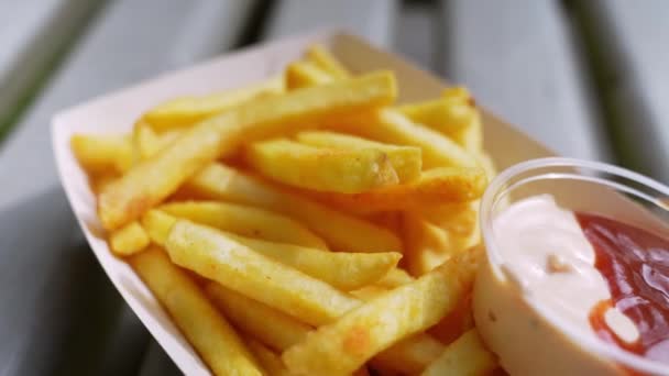 Close Freshly Served Fast Food French Fries Tomato Mayo Sauce — 비디오